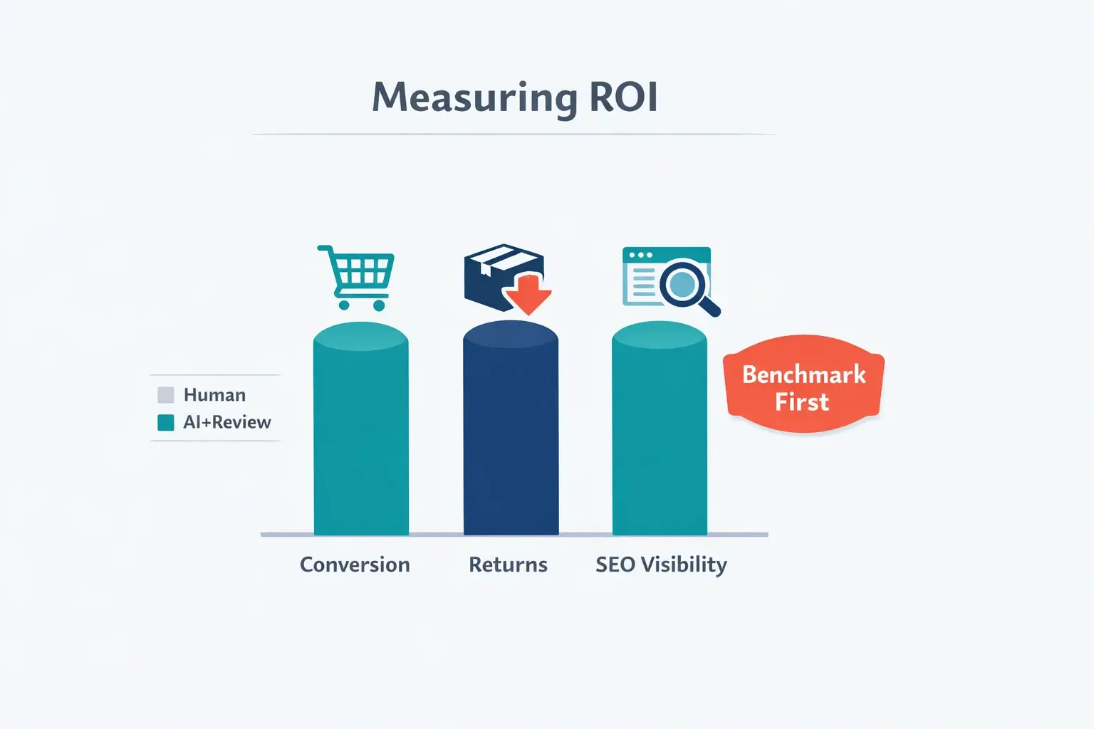 ROI from AI descriptions should be tracked with business metrics. Compare human copy to AI-plus-review content using conversion, return rate, and SEO visibility to prove value and guide iteration.