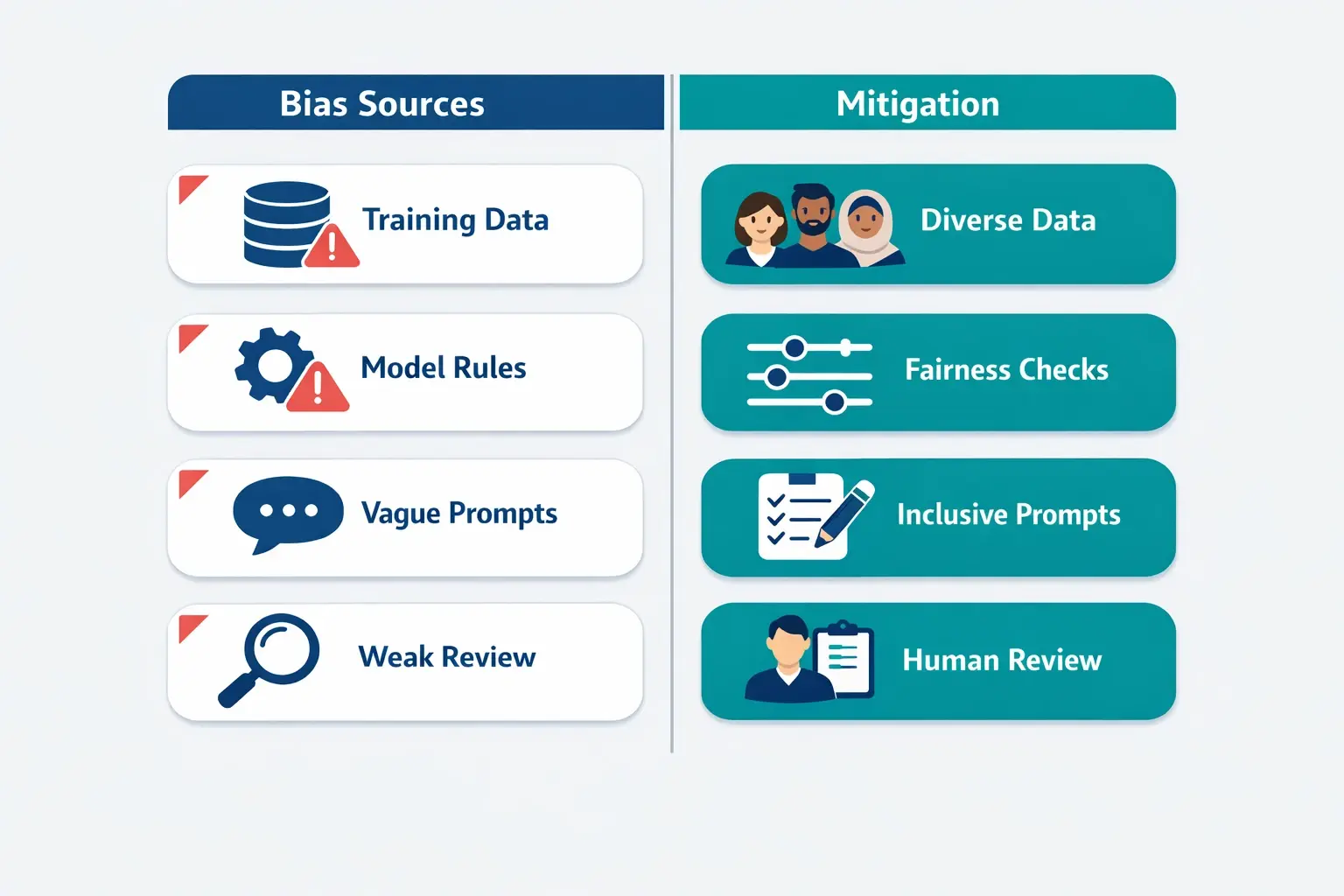 Bias isn’t “magic”—it often enters through data, prompts, or missing checkpoints. This map pairs common bias sources with practical mitigations content teams can apply immediately.