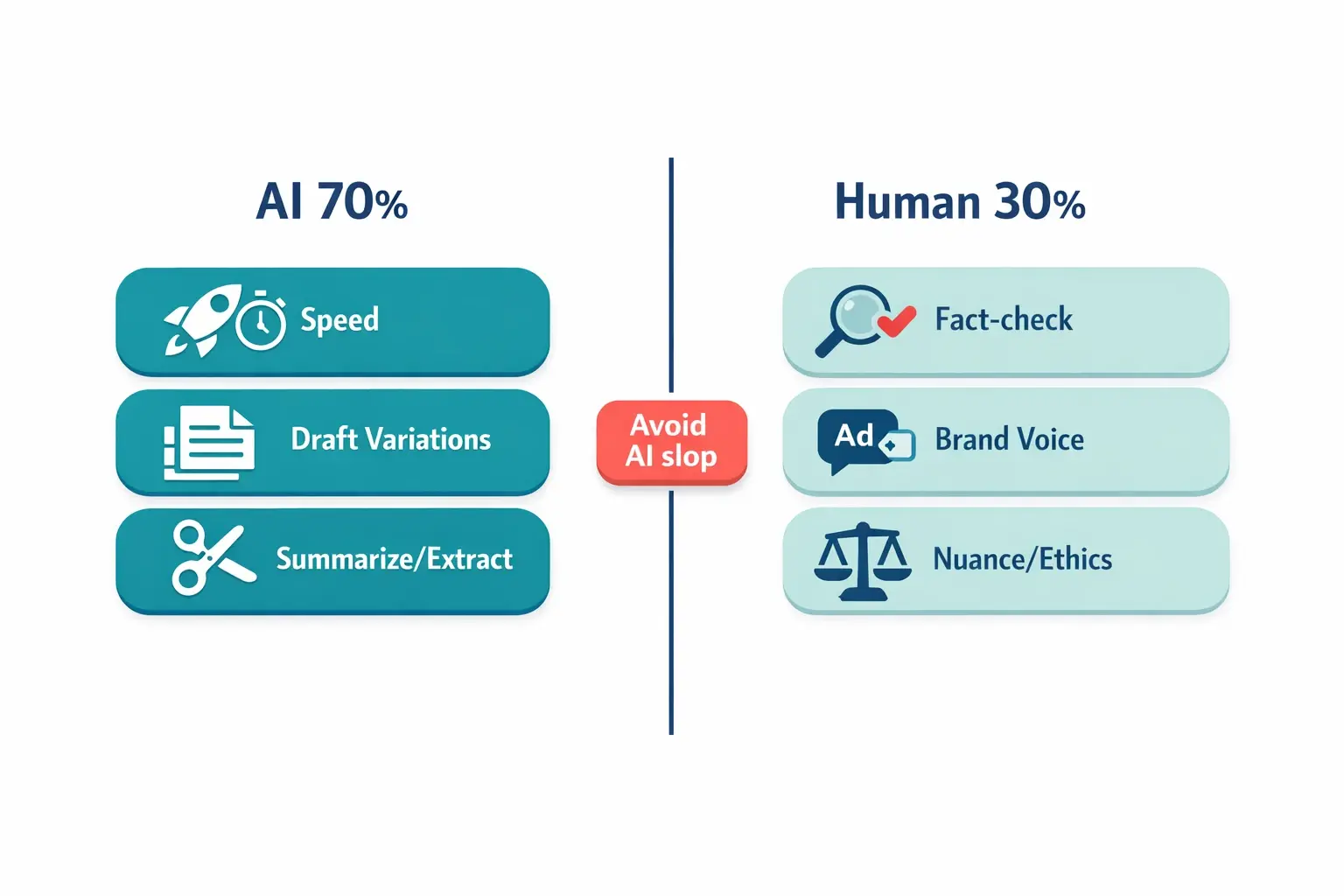 The 70–30 model clarifies responsibilities: let AI handle fast first drafts, but keep humans in charge of accuracy, tone, and ethical judgment to prevent low-quality output.