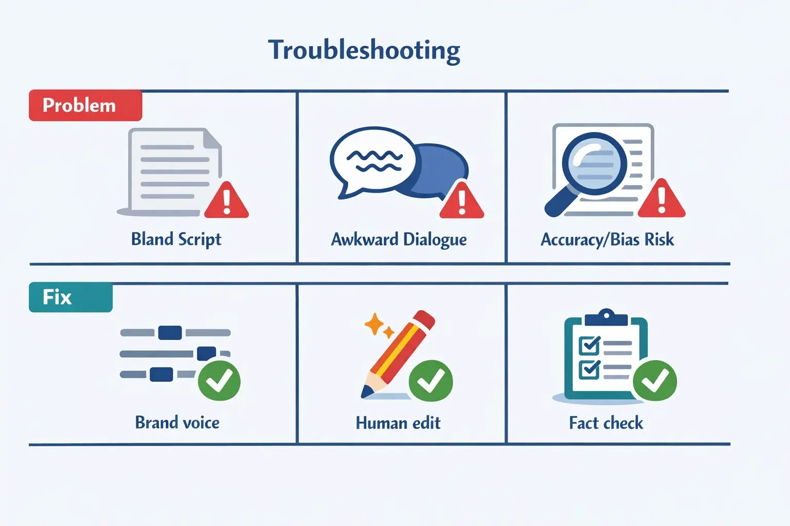 Use this checklist mindset to avoid AI-sounding videos: diagnose the failure mode, apply a targeted fix, and re-prompt or edit until the script matches brand voice and accuracy needs.