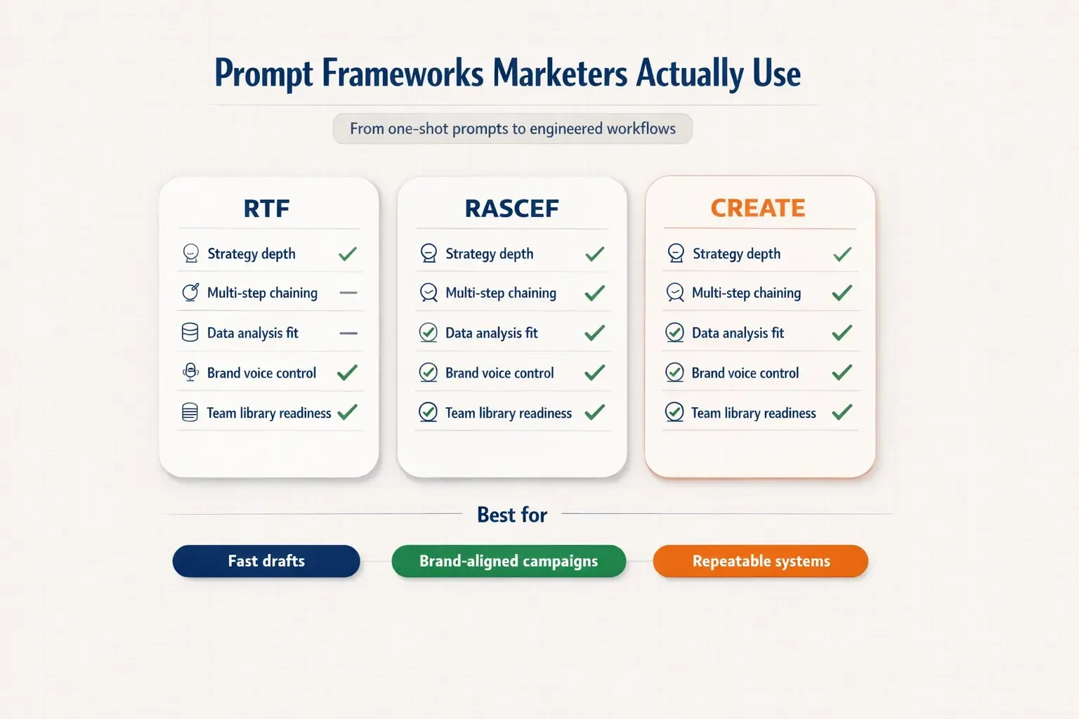 Compare the three most common prompt frameworks by what marketers actually need: strategic depth, repeatability, and brand-voice control—not just faster copywriting.
