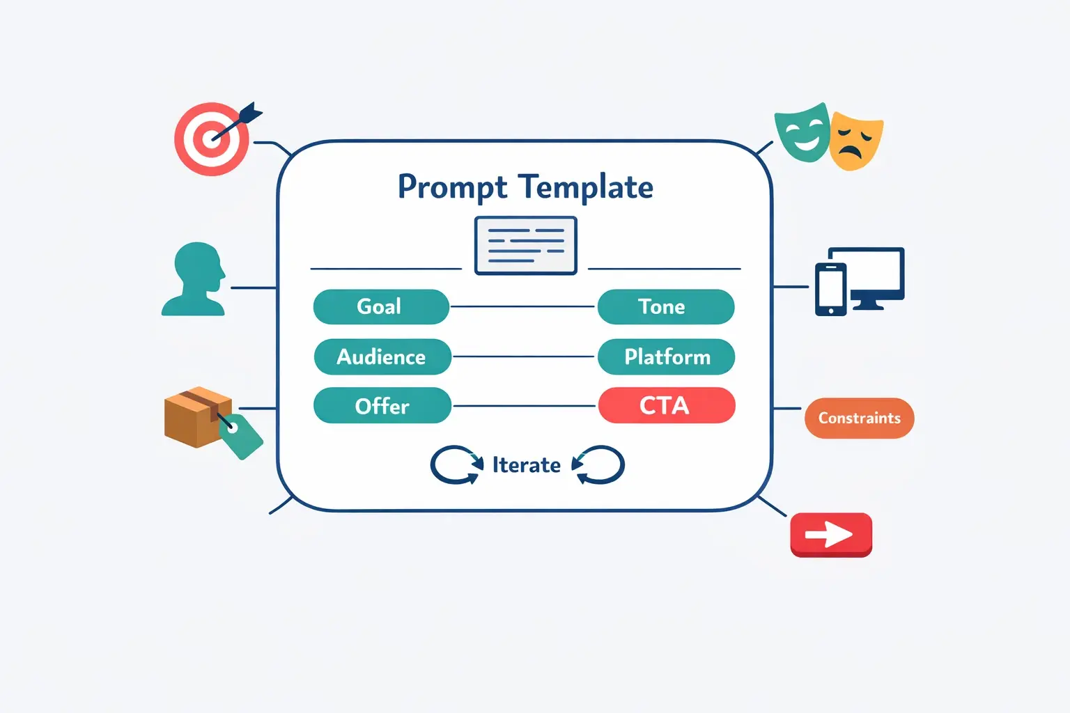 This prompt-builder map shows the inputs that prevent generic scripts: define the campaign goal, who it’s for, the offer, brand tone, platform limits, and the CTA—then iterate.
