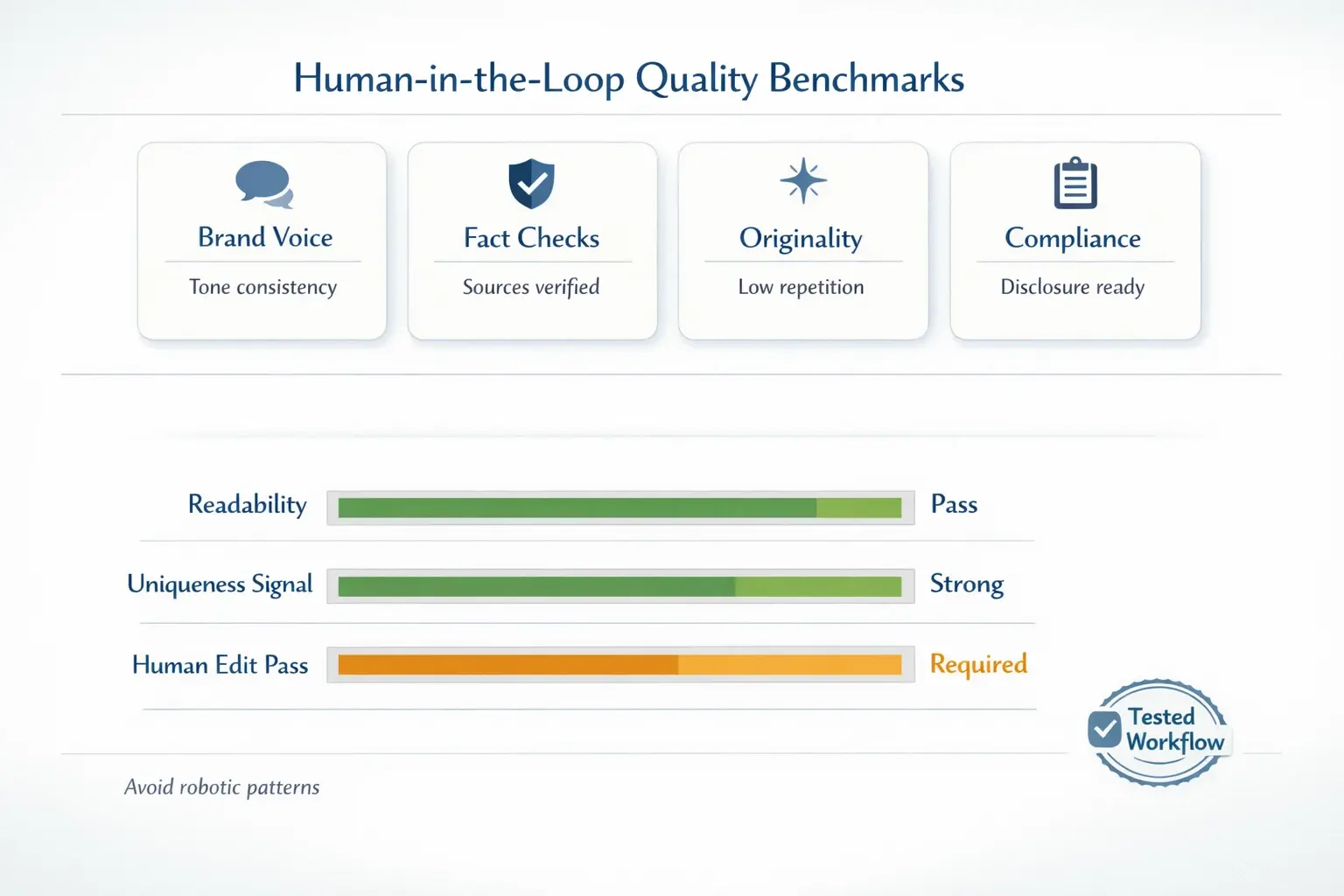 A simple QA layer that protects brand voice and reduces risk: benchmark the draft, flag what needs a human pass, and ship content that reads like you.
