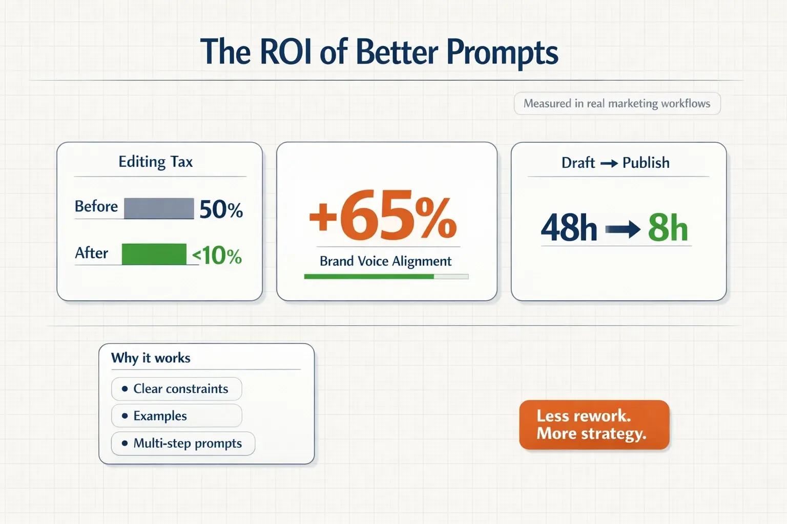 Advanced prompt structure reduces rework and improves brand consistency. Use these metrics as a benchmark when evaluating whether prompt engineering is worth adopting.
