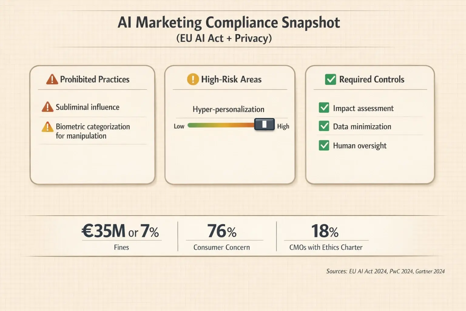 A marketer-friendly view of what the EU AI Act flags as prohibited, where AI targeting becomes risky, and the core controls teams should document before scaling AI campaigns.
