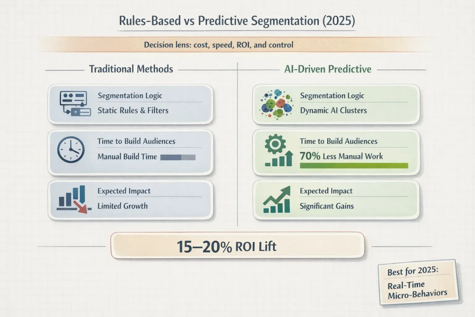 A quick evaluation view: predictive segmentation wins on speed and measurable lift, while rules-based approaches trade simplicity for slower, manual audience building.